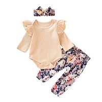 Infant Baby Girls Ruffles Solid Tops Rompers Bodysuit+Floral Pants+Headband Outfits Beige