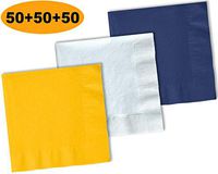 150 Beverage Napkins, Sunshine Yellow, Bright White, Navy blue - 50 Each Color. 2 Ply Paper Cocktail Napkins. 5" folded, 10" unfolded.