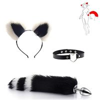 3Pcs Collar+ B-ü-t-t P-l-ǔ-g Fox Tail Massager + Ears Headband Halloween Party Toys（Black&White）-S