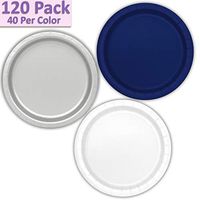 120 Paper Dessert Plates (7") - Navy Blue, Silver, White - 40 Per Color, 3 Colors - Great Assortment for Birthday Parties, Weddings, Holidays, Baby Shower, Celebrations, and more