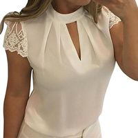 Women Choker V Neck Lace Short Sleeve Chiffon Crop Top Shirt (L, White)