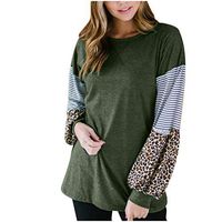 Ros1ock Women's Tunics Leopard Patchwork Long Sleeve Pullover T-Shirts Stripe Casual Loose Blouse Army Green