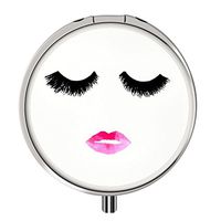 Pill Case, Round Stainless Drug Organizer Box, 3 Compartment Compact Medication Kit for Travel Purse Pocket - Lashes and Pink Lips