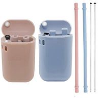 Reusable Silicone Collapsible Straws Portable Drinking Straw with Carrying Case and Cleaning Brush, BPA Free (Pink&Blue, 2)