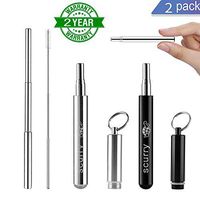 Telescopic Reusable Straws - Portable Stainless Steel Drinking Straws Foldable Metal Straws Collapsible Straw with Hard Aluminum Case & Cleaning Brush, 2 Pack (Black&Silver)