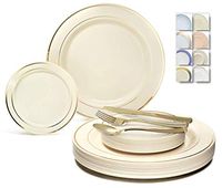 " OCCASIONS " 300 Pcs Set & 60 Guest Wedding Disposable Plastic Plate & Silverware Combo Set (Ivory & Gold Rim plates, Gold Silverware)
