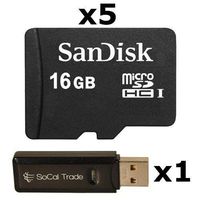  	 5 PACK - SanDisk 16GB MicroSD HC Memory Card SDSDQAB-016G (Bulk Packaging) LOT OF 5 with USB 2.0 MicoSD & SD Memory Card Reader 