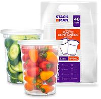 Stack Man [48 Pack, 32 oz] Plastic Deli Food Storage Soup Containers With Airtight Lids, Freezer Safe | Meal Prep | Stackable | Leakproof | BPA Free, Clear