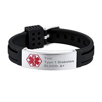 Supcare Personalized Silicone Medical Alert ID Bracelet Jewelry Stainless Steel, Medical Emergency Identification Bangle Bracelet with Black Adjustable Silicone Band