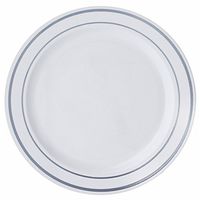 BalsaCircle 20 pcs 10-Inch White with Silver Trim Plastic Round Plates - Disposable Wedding Party Catering Tableware