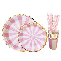 Pink Gold Foil Party Supplies Set - 140PCS (Serves 30 Guests) Disposable Paper Plates Cups Straws Dinner Dessert Plates 9oz Cups Baby Girl Boy Shower Birthday Bridal Shower Gender Reveal Party Wedding