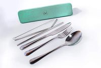 Bennlife Reusable Drinking Straws Flatware Sets with Storage Box, (1x 6mm Straight Straws 1x 6mm Bent Straws + 1x Brushes+Fork+Knife+Spoon) (Green)