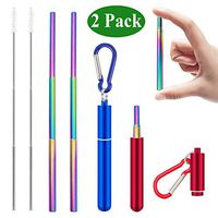 Senneny 2 Pack Telescopic Reusable Straws Stainless Steel Metal Drinking Rainbow Straw Portable Collapsible Straw with Travel Case Cleaning Brush Keychain (Red & Blue)