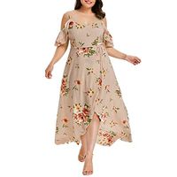 LISTHA Boho Flower Print Dress Plus Size Maxi Dresses for Women Summer Cold Shoulder Beige