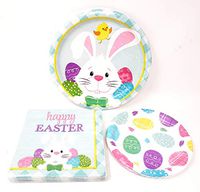 Easter Party Plate Bundle with Whimsical Bunny and Egg Design, 10 Dinner Plates, 10 Dessert Plates and 20 Napkins, included.