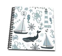 3dRose db_123491_1 Blue and White Nautical Theme Octopus, Boat, Anchor Drawing Book, 8 by 8-Inch