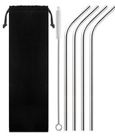 Donge Stainless Steel Smoothie Straws, 9.5" X 8 mm Wide Reusable Bent Metal Straws, Set of 4 with Cleaning Brush (Wide Bent)