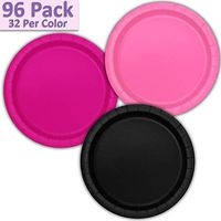 96 Paper Dinner Plates (9") - Hot Pink, Neon Pink, Black - 32 Per Color, 3 Colors - Great Assortment for Birthday Parties, Weddings, Holidays, Baby Shower, Celebrations, and more