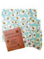 Beeswax food wrap Set of 3 FDA approved Alternative to plastic and tin foil to wrap fresh and cold items (Blue honeybee) plus biodegradable stickers