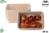 29oz Compostable Eco Friendly Container Trays with Clear Lids [300 PACK] - Rectangular Oblong Tree Free Sugarcane Bagasse Meal Prep Bento Boxes Take Out Catering Microwave Deep Container by EcoQuality