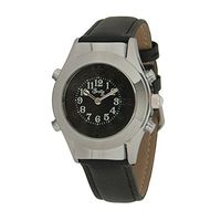 Womens Chrome Braille Talking Watch-English-Black Dial + Leather Band