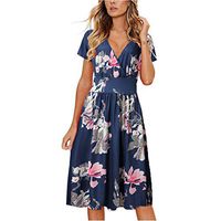 ✿HebeTop✿ Women's Floral Maxi Dresses Boho V Neck Split Beach Party Dress Blue