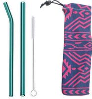 Aqua Glass Straw Set - 2 PK with Travel Carrying Case, 9” X 9 mm Bent and Straight, Eco-Friendly, Reusable, Plastic Free, with Free Cleaning Brush. Made in USA