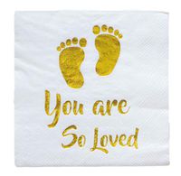 Baby Shower Beverage Disposable Napkin 3 Ply Gold Foil Footprint White Paper Cocktail Baptism Party for Neutral Gender Reveal Boy Girl You are So Loved 5 x 5 Inches Folded (100)