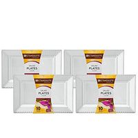 [40 Count - 10 Inch Plates] Rectangulete Hexagons Designer Tableware Heavyweight Plastic Clear Rectangle Salad - Appetizer Plates With Designed Border, Party & Wedding, Event Disposable Dishes