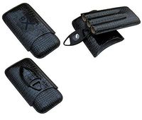 Classy Black Crocodile Pattern Leather Cigar Holder Travel Case with Black Stainless Steel Cigar Cutter Perfect for Gift (Holds 3 Cigars)