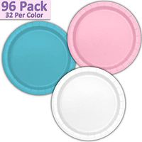 96 Paper Dinner Plates (9") - Light Pink, Aqua, White - 32 Per Color, 3 Colors - Great Assortment for Birthday Parties, Weddings, Holidays, Baby Shower, Celebrations, and more