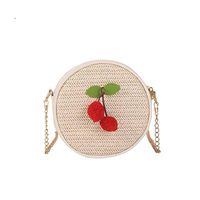 Straw Woven Messenger Bag, Womens Teen Girls Fashion Shoulder Small Round Handbag Cherry Shopping Makeup Packet (White, One)