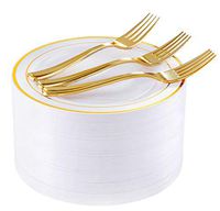 72 Pieces Gold Dessert Plates 7.5" with 72 Pieces Gold Plastic Forks 7.4", Heavyweight White with Gold Rim Plastic Plates, Disposable Salad Plates and Appetizer Plates for Parties & Wedding