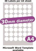 Minilabel 30mm Diameter Round, 240 Labels, Matt Paper, 5 A4 Sheets, Laser Copier Inkjet Stickers