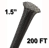 Electriduct 1.5" Black PET Expandable Braided Sleeving Cable Mesh Flexible Wire Sleeve - 200 Feet