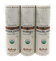 Aroma Source Trilogy Organic Essential Oil Roll-On Kit, Stress-Away Blend, Muscle Relief Blend & Energy Blend, 15 milliliter each