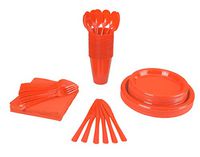 350 PCS Disposable Tableware Combo Pack INCLUDES: 50 9" Orange Plastic dinner plates | 50 7" plastic appetizer plates |50 plastic cups | 50 paper napkins | 50 plastic cutlery spoons forks & knives