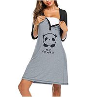 Haxikocty Women O-Neck Maternity Dress 3/4 Sleeve Cute Print Nursing Nightdress Breastfeeding Dress Gray
