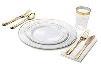 " OCCASIONS" 960 pcs/120 Guest -Full Set - Wedding Disposable Plastic Plates Silverware, Gold Rimmed Tumblers and White Napkins (Combo B, White & Gold Rim)