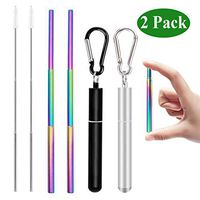 Malier Telescopic Reusable Collapsible Straw, Rainbow Stainless Steel Metal Straws Food-Grade Drinking Straws Keychain Portable Set with Aluminum Case & Cleaning Brush (Black & Silver)