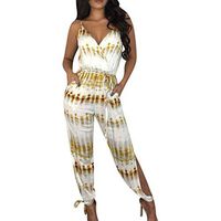 refulgence Women's Fashion Romper Summer Dye Print Spaghetti Strap Slit Leg Lace Up Jumpsuit with Pockets(Yellow,S)