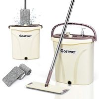 COSTWAY Mop and Bucket Set with 2PCS Microfiber Pads, Hand-Free Wringing Flat Squeeze Mop Separate Dirty Water from Clean Water for Wet and Dry Mopping on Hardwood, Laminate, Tile