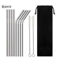 Reusable Stainless Steel Straws, Set of 8 Silver Metal Reusable Drinking Straws Fit Tumbler Cups 20oz Yeti RTIC Ozark (4 Straight Straws+ 4 Bent Straw+ 2 Cleaning Brushes+ Carry Bag)