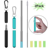 Collapsible Reusable Straws Stainless Steel, Telescopic Metal Straws Drinking Straw with Portable Travel Case, Keychain, Cleaning Brush, Silicone Tips, 2 Pack (Black & Aqua Blue)