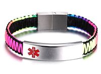 JF.JEWELRY Free Engraving Medical Alert ID Bracelet for Women with Nylon Rope Braid Wrapped Link 7.5",Technicolor