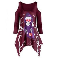✦HebeTop✦ Women's Pullover Casual Off The Shoulder Slouchy Sweatshirt Skull Print Long Sleeve Irregular T-Shirt Blouse Wine