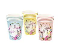 Talking Tables Truly Flamingo 9oz Floral Disposable Flamingo Cups in 3 Designs for a Birthday or Flamingo Party, Blue/Pink/Yellow (12 Pack)