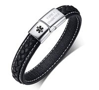 VNOX Type 1 Diabetes Medical Alert ID Two-Tone Genuine Leather Magnetic Cuff Bracelet for Men Women