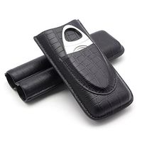 2 Pcs Genuine Leather Pocket Cigar Travel Holder, Ehonestbuy 2 Compartments Mini Humidor Case with Cigar Cutter (Embossed Black)