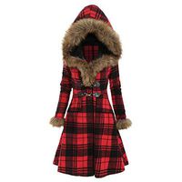 Meikosks Women's Plaid Faux Fur Hood Long line Coat Plus Size Blouses Warm Tops Stripe Hoodies Red